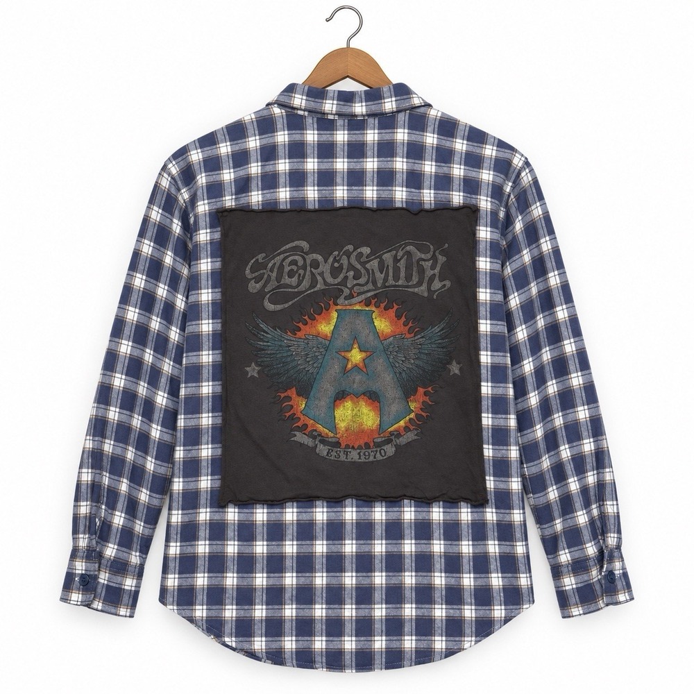 Aerosmith Shirt Mens M Blue Plaid Flannel Long Sleeve Graphic Back Patch 1970